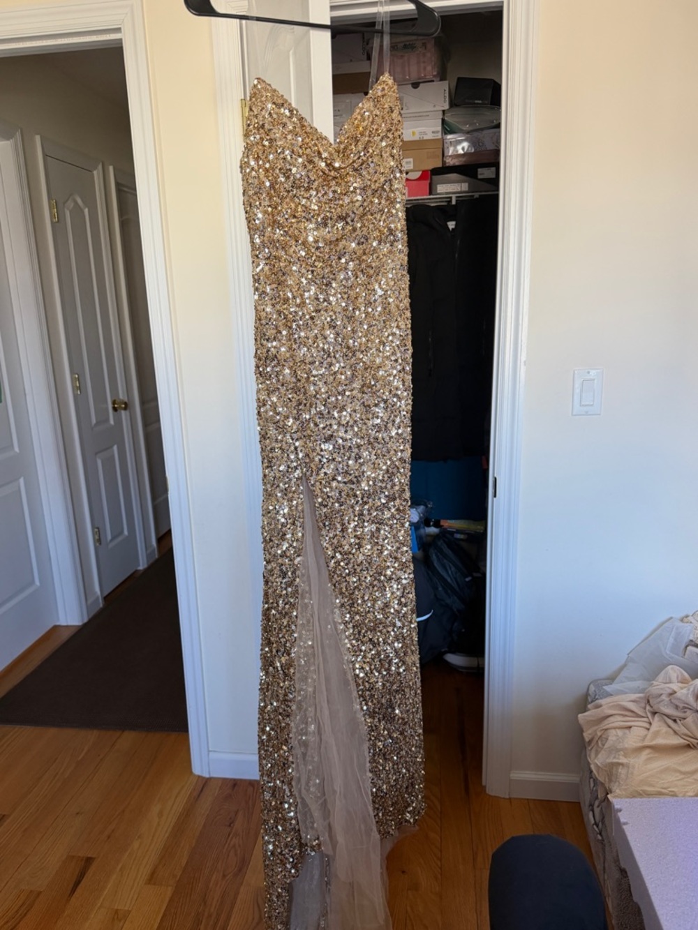 Gold Sequin Spaghetti-Strap Prom Dress with Sheer Slit